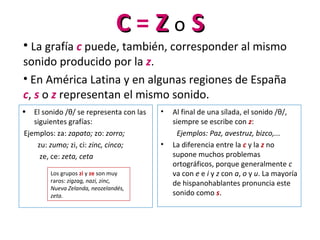 • La grafía c puede, también, corresponder al mismo
sonido producido por la z.
• En América Latina y en algunas regiones de España
c, s o z representan el mismo sonido.
• Al final de una sílada, el sonido /θ/,
siempre se escribe con z:
Ejemplos: Paz, avestruz, bizco,...
• La diferencia entre la c y la z no
supone muchos problemas
ortográficos, porque generalmente c
va con e e i y z con a, o y u. La mayoría
de hispanohablantes pronuncia este
sonido como s.
• El sonido /θ/ se representa con las
siguientes grafías:
Ejemplos: za: zapato; zo: zorro;
zu: zumo; zi, ci: zinc, cinco;
ze, ce: zeta, ceta
Los grupos zi y ze son muy
raros: zigzag, nazi, zinc,
Nueva Zelanda, neozelandés,
zeta.
CC = ZZ o SS
 