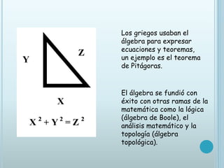 Los griegos usaban el
álgebra para expresar
ecuaciones y teoremas,
un ejemplo es el teorema
de Pitágoras.
El álgebra se fundió con
éxito con otras ramas de la
matemática como la lógica
(álgebra de Boole), el
análisis matemático y la
topología (álgebra
topológica).
 