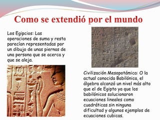 Los Egipcios: Las
operaciones de suma y resta
parecían representadas por
un dibujo de unas piernas de
una persona que se acerca y
que se aleja.
Civilización Mesopotámica: O la
actual conocida Babilónica, el
álgebra alcanzó un nivel más alto
que el de Egipto ya que los
babilónicos solucionaron
ecuaciones lineales como
cuadráticas sin ninguna
dificultad y algunos ejemplos de
ecuaciones cubicas.
 