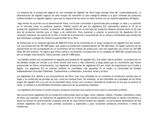 La mayoría de la producción egipcia es una variedad de algodón de fibra larga llamada Giza 86. Lamentablemente, la
denominación de algodón egipcio ha sido incapaz de mantener su alta categoría debido a la gran variedad de productos
confeccionados con algodón egipcio, pero que la mayoría de las veces no están hechos con los mejores algodones de Egipto.
Algo similar ha ocurrido con la denominación Pima: no ha sido controlada ni gestionada para proteger su valor y su posición
en el mercado como un producto superior. Habida cuenta de que los algodones ELS representan apenas el 3% de la
producción algodonera mundial, la posición del algodón Pima en el mercado de productos debería situarse entre el 3% más
alto de productos textiles para el hogar y de confección. Para mantener y ampliar la producción de algodones ELS es
necesario mantener los valores de la fibra a través de la protección y la promoción de su rareza y utilizándolo para productos
que destaquen y pongan de relieve la superioridad de su fibra.
Se estima que en la campaña agrícola de 2006/07 China se ha convertido en el mayor productor de algodón ELS del mundo,
con una producción de 781.000 balas, que supera la producción estadounidense de 765.400 balas. El rápido aumento de las
plantaciones ha ido acompañado de un incremento de los niveles de producción, que han duplicado con creces las 367.000
balas del año anterior. Se espera que China vuelva a incrementar la producción en la campaña de 2007/08, aunque esta vez
por un margen más estrecho, hasta alcanzar unas 811.000 balas.
Los Estados Unidos son actualmente el segundo país productor de algodón ELS, tras haber sido el primero. La producción en
los Estados Unidos ha crecido a un ritmo mucho más lento y más coherente a largo plazo que el crecimiento que hemos
presenciado en China recientemente. Los siguientes productores de algodones ELS por orden de importancia son la India y
Egipto. Los algodones ELS se cultivan también en cantidades más pequeñas en el Sudán, la Comunidad de Estados
Independientes (incluidos Tayikistán, Turkmenistán y Uzbekistán), Australia, Israel y el Perú.
Los algodones ELS, debido a sus características de fibra, eran muy utilizados en un comienzo en productos textiles para el
hogar y la confección de prendas de lujo, como las camisas finas. Sin embargo, se han difundido las cualidades de las fibras
largas del algodón ELS y su uso se ha extendido hasta incluir una creciente variedad de productos en los que se aprecia el
tacto, la calidad y la durabilidad claramente superiores de los productos acabados.
Los algodones ELS tienen un brillo natural y producen artículos muy suaves al tacto que el consumidor prefiere.
Hoy encontramos algodones ELS en productos tradicionales para el hogar como; sábanas, toallas, frazadas, edredones y pisos
de baño, por ejemplo. La utilización de algodones ELS en el mercado del vestido ha experimentado un rápido crecimiento, y
ahora se utilizan en prácticamente cualquier prenda de ropa confeccionada con algodón. Los principales diseñadores de hoy
utilizan algodones ELS para crear prendas exclusivas y especiales y para actualizar productos existentes o líneas de
tendencias.
 