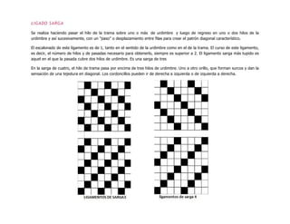 LIGADO SARGA
Se realiza haciendo pasar el hilo de la trama sobre uno o más de urdimbre y luego de regreso en uno o dos hilos de la
urdimbre y así sucesivamente, con un "paso" o desplazamiento entre filas para crear el patrón diagonal característico.
El escalonado de este ligamento es de 1, tanto en el sentido de la urdimbre como en el de la trama. El curso de este ligamento,
es decir, el número de hilos y de pasadas necesario para obtenerlo, siempre es superior a 2. El ligamento sarga más tupido es
aquel en el que la pasada cubre dos hilos de urdimbre. Es una sarga de tres
En la sarga de cuatro, el hilo de trama pasa por encima de tres hilos de urdimbre. Uno a otro orillo, que forman surcos y dan la
sensación de una tejedura en diagonal. Los cordoncillos pueden ir de derecha a izquierda o de izquierda a derecha.
 