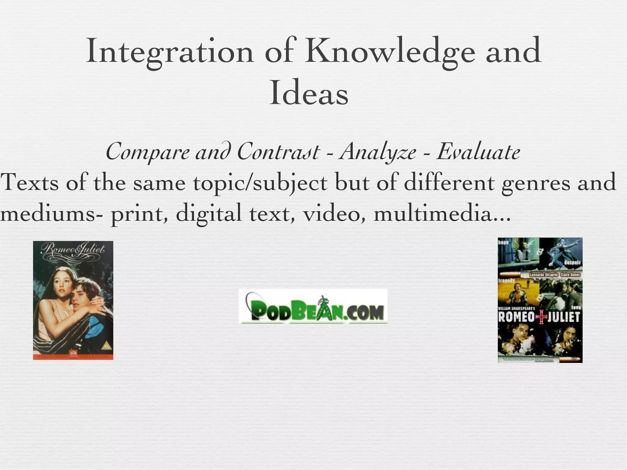 Integration of Knowledge and Ideas  Compare and Contrast - Analyze - Evaluate Texts of the same topic/subject but of different genres and mediums- print, digital text, video, multimedia... 