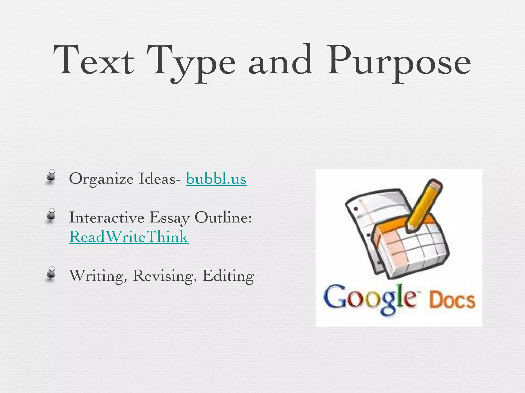 Text Type and Purpose Organize Ideas-  bubbl.us Interactive Essay Outline:  ReadWriteThink Writing, Revising, Editing 