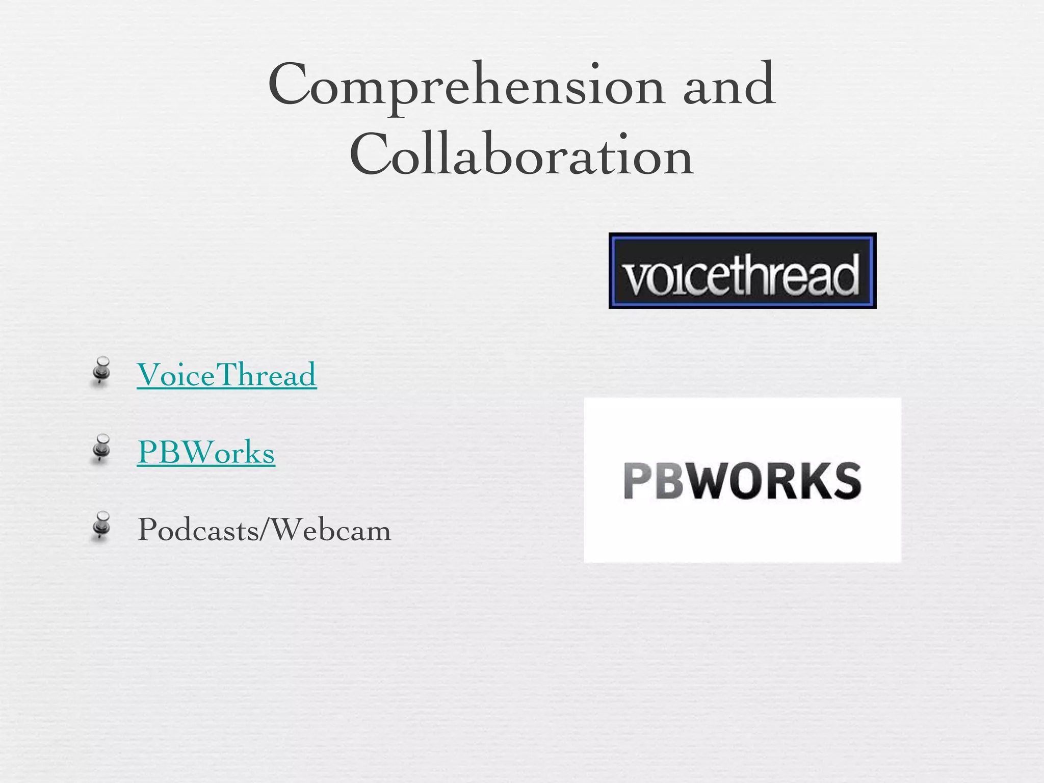 Comprehension and Collaboration VoiceThread PBWorks Podcasts/Webcam 