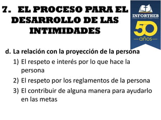 7. EL PROCESO PARA EL
DESARROLLO DE LAS
INTIMIDADES
d. La relación con la proyección de la persona
1) El respeto e interés por lo que hace la
persona
2) El respeto por los reglamentos de la persona
3) El contribuir de alguna manera para ayudarlo
en las metas

 