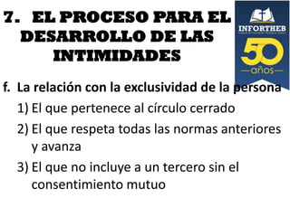 7. EL PROCESO PARA EL
DESARROLLO DE LAS
INTIMIDADES
f. La relación con la exclusividad de la persona
1) El que pertenece al círculo cerrado
2) El que respeta todas las normas anteriores
y avanza
3) El que no incluye a un tercero sin el
consentimiento mutuo

 