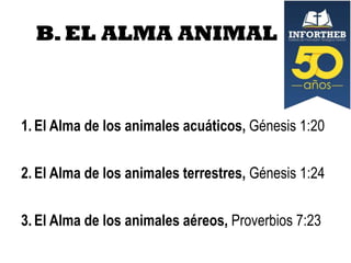 B. EL ALMA ANIMAL

1. El Alma de los animales acuáticos, Génesis 1:20
2. El Alma de los animales terrestres, Génesis 1:24

3. El Alma de los animales aéreos, Proverbios 7:23

 