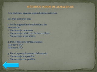 MÉTODOS TODOS DE ALMACENAJE
Los podemos agrupar según distintos criterios.
Los más comunes son:
1. Por la asignación de ubicación a las
mercancías.
- Almacenaje ordenado.
- Almacenaje caótico (o de hueco libre).
- Almacenaje semicaótico.
2. Por el flujo de entradas/salidas
Método FIFO.
Método LIFO.
3. Por el aprovechamiento del espacio
- Almacenaje sin pasillos.
- Almacenaje con pasillos.
 