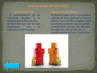 CLASIFICACION DE LOS STOCK
LAS EXISTENCIAS
El mantenimiento de las
existencias permite a la
empresa desarrollar una serie
de funciones que son de vital
importancia para la
supervivencia de la misma.
CONCEPTO: DE STOCK
El término inglés stock es una palabra
utilizada de forma habitual en nuestro
idioma. Tanto los libros ingleses como
los americanos traducidos al español
emplean dicho término. No obstante,
la traducción más acorde para el
vocablo stock sería la de “existencias”.
 
