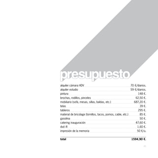 alquiler cámara HDV                                          70 €/diarios.
alquiler estudio                                             59 €/diarios.
pintura                                                            148 €.
brochas, rodillos, pinceles                                      62,50 €.
mobiliario (sofá, mesas, sillas, baldas, etc.)                 687,20 €.
telas                                                               39 €.
tableros                                                           295 €.
material de bricolage (tornillos, tacos, pomos, cable, etc.)        85 €.
gasolina                                                            50 €.
catering inauguración                                            47,60 €.
dvd -R                                                            1,60 €.
impresión de la memoria                                           50 €/u.

total                                                        1594,90 €.

                                                                       45
 