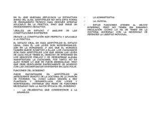 en el que quedaba reflejada la estructura                 -       La administrativa
misma del alma. Aristóteles no imita esta forma
                                                          -       La judicial
de pensamiento teórico para después intentar
aplicarlo en la práctica, sino que sigue un               -        Estas   funciones    atienen   al   mejor
procedimiento deductivo:                                      gobierno,   pero   no   tienen   sin   embargo
                                                              vinculación (como lo ha de tener en la
1.realiza un   estudio   y      análisis   de       las
                                                              doctrina moderna) con la necesidad de
constituciones existentes.
                                                              defender la libertad individual.
Deduce la constitución más perfecta y aplicable
a la práctica.

El Estado ideal es para Aristóteles el Estado
legal. Para él las leyes son indispensables,
aún en la monarquía ,p ara que el monarca
también quede sometido a ellas. Los ciudadanos
son para Aristóteles los que según las leyes
de cada polis tienen el derecho de intervenir en
los negocios público y de desempeñar alguna
magistratura. La ciudadanía, por tanto, no es
algo sobre lo que se puede generalizar, sino
que debe resolverse empíricamente de acuerdo
con las circunstancias existentes en cada polis.

Funciones del gobierno
Puede    encontrarse    en    Aristóteles     un
antecedente remoto de la doctrina de la división
de poderes, tal como luego vendría a ser
planteada   y  desarrollada     por    Locke   y
Montesquieu. Distingue una serie de funciones
necesarias para la mayor eficacia del gobierno:
-       La deliberativa   que   corresponde     a    la
    Asamblea
 