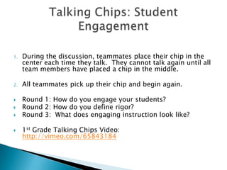 1. During the discussion, teammates place their chip in the
center each time they talk. They cannot talk again until all
team members have placed a chip in the middle.
2. All teammates pick up their chip and begin again.
 Round 1: How do you engage your students?
 Round 2: How do you define rigor?
 Round 3: What does engaging instruction look like?
 1st Grade Talking Chips Video:
http://vimeo.com/65843184
 