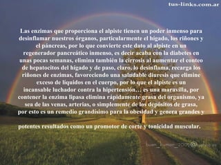 Las enzimas que proporciona el alpiste tienen un poder inmenso para 
desinflamar nuestros órganos, particularmente el hígado, los riñones y 
el páncreas, por lo que convierte este dato al alpiste en un 
regenerador pancreático inmenso, es decir acaba con la diabetes en 
unas pocas semanas, elimina también la cirrosis al aumentar el conteo 
de hepatocitos del hígado y de paso, claro, lo desinflama, recarga los 
riñones de enzimas, favoreciendo una saludable diuresis que elimine 
exceso de líquidos en el cuerpo, por lo que el alpiste es un 
incansable luchador contra la hipertensión… es una maravilla, por 
contener la enzima lipasa elimina rápidamente grasa del organismo, ya 
sea de las venas, arterias, o simplemente de los depósitos de grasa, 
por esto es un remedio grandísimo para la obesidad y genera grandes y 
potentes resultados como un promotor de corte y tonicidad muscular. 
 