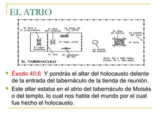EL ATRIO 
 Éxodo 40:6 Y pondrás el altar del holocausto delante 
de la entrada del tabernáculo de la tienda de reunión. 
 Este altar estaba en el atrio del tabernáculo de Moisés 
o del templo, lo cual nos habla del mundo por el cual 
fue hecho el holocausto. 
 