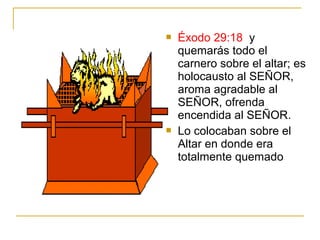  Éxodo 29:18 y 
quemarás todo el 
carnero sobre el altar; es 
holocausto al SEÑOR, 
aroma agradable al 
SEÑOR, ofrenda 
encendida al SEÑOR. 
 Lo colocaban sobre el 
Altar en donde era 
totalmente quemado 
 