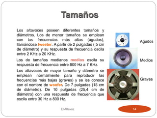 Tamaños
Los altavoces poseen diferentes tamaños y
diámetros. Los de menor tamaños se emplean
con las frecuencias más altas (agudos),
llamándose tweeter. A partir de 2 pulgadas ( 5 cm
de diámetro) y su respuesta de frecuencia oscila
entre 2 KHz a 20 KHz.
Los de tamaños medianos medios oscila su
respuesta de frecuencia entre 800 Hz a 7 KHz.
Los altavoces de mayor tamaño y diámetro se
emplean normalmente para reproducir las
frecuencias más bajas (graves) y se les conoce
con el nombre de woofer. De 7 pulgadas (18 cm
de diámetro). De 10 pulgadas (25,4 cm de
diámetro) con una respuesta de frecuencia que
oscila entre 30 Hz a 800 Hz.
El Altavoz 14
Agudos
Medios
Graves
 