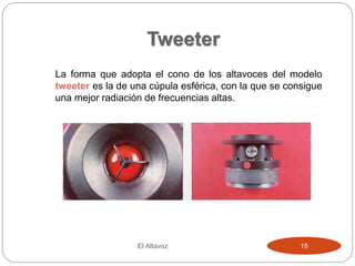 Tweeter
La forma que adopta el cono de los altavoces del modelo
tweeter es la de una cúpula esférica, con la que se consigue
una mejor radiación de frecuencias altas.
El Altavoz 15
 