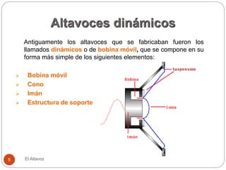 Altavoces dinámicos
El Altavoz
5
Antiguamente los altavoces que se fabricaban fueron los
llamados dinámicos o de bobina móvil, que se compone en su
forma más simple de los siguientes elementos:
 Bobina móvil
 Cono
 Imán
 Estructura de soporte
 