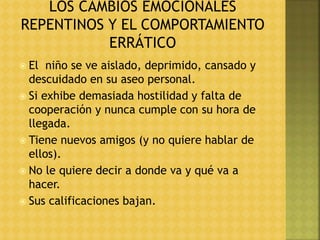  El niño se ve aislado, deprimido, cansado y
descuidado en su aseo personal.
 Si exhibe demasiada hostilidad y falta de
cooperación y nunca cumple con su hora de
llegada.
 Tiene nuevos amigos (y no quiere hablar de
ellos).
 No le quiere decir a donde va y qué va a
hacer.
 Sus calificaciones bajan.
 