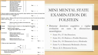 MINI MENTAL STATE 
EXAMINATION DE 
FOLSTEIN 
• Detectar deterioro cognitivo y vigilar 
evolución en caso de alteraciones 
neurológicas: 
• Entre 30 y 27: Sin Deterioro. 
• Entre 26 y 25: Dudoso o Posible Deterioro. 
• Entre 24 y 10: Demencia Leve a Moderada. 
• Entre 9 y 6: Demencia Moderada a Severa. 
• Menos de 6: Demencia Severa. 
 