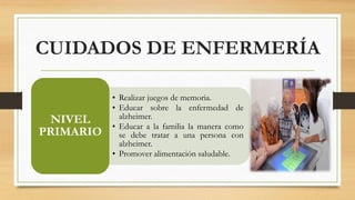 CUIDADOS DE ENFERMERÍA 
• Realizar juegos de memoria. 
• Educar sobre la enfermedad de 
alzheimer. 
• Educar a la familia la manera como 
se debe tratar a una persona con 
alzheimer. 
• Promover alimentación saludable. 
NIVEL 
PRIMARIO 
 