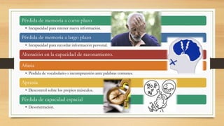 Pérdida de memoria a corto plazo 
• Incapacidad para retener nueva información. 
Pérdida de memoria a largo plazo 
• Incapacidad para recordar información personal. 
Alteración en la capacidad de razonamiento. 
Afasia 
• Pérdida de vocabulario o incomprensión ante palabras comunes. 
Apraxia 
• Descontrol sobre los propios músculos. 
Pérdida de capacidad espacial 
• Desorientación. 
 