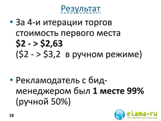 Результат
• За 4-и итерации торгов
стоимость первого места
$2 - > $2,63
($2 - > $3,2 в ручном режиме)
• Рекламодатель с бид-
менеджером был 1 месте 99%
(ручной 50%)
18
 