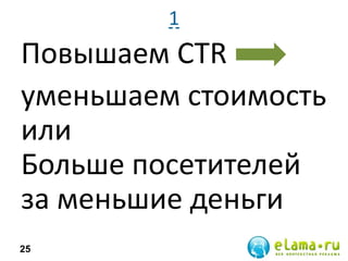 1
Повышаем CTR
уменьшаем стоимость
или
Больше посетителей
за меньшие деньги
25
 