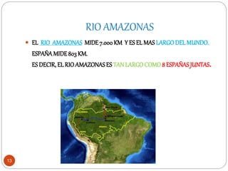 RIO AMAZONAS
13
 EL RIO AMAZONAS MIDE 7.000KM Y ES EL MAS LARGODEL MUNDO.
ESPAÑA MIDE803 KM.
ES DECIR, EL RIOAMAZONASES TANLARGOCOMO 8 ESPAÑAS JUNTAS.
 