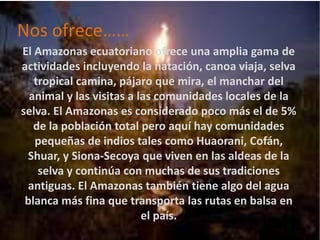 Nos ofrece……
El Amazonas ecuatoriano ofrece una amplia gama de
actividades incluyendo la natación, canoa viaja, selva
tropical camina, pájaro que mira, el manchar del
animal y las visitas a las comunidades locales de la
selva. El Amazonas es considerado poco más el de 5%
de la población total pero aquí hay comunidades
pequeñas de indios tales como Huaorani, Cofán,
Shuar, y Siona-Secoya que viven en las aldeas de la
selva y continúa con muchas de sus tradiciones
antiguas. El Amazonas también tiene algo del agua
blanca más fina que transporta las rutas en balsa en
el país.
 
