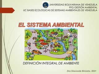 UNIVERSIDAD BOLIVARIANA DE VENEZUELA
PFG GESTIÓN AMBIENTAL
UC BASES ECOLÓGICAS DE SISTEMAS AMBIENTALES DE VENEZUELA
DEFINICIÓN INTEGRAL DE AMBIENTE
Dra Gioconda Briceño. 2021
 