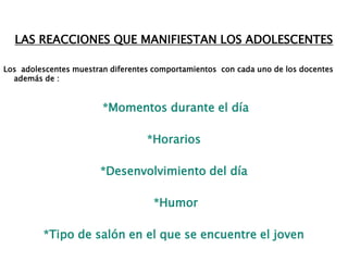 No están sentados por número de lista se sientan por lo general una fila de hombres y otra de mujeresLa interacción de los maestros varía: Existe una interacción buena por parte de los alumnos y docentes de este salón