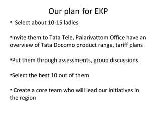Our plan for EKP
• Select about 10-15 ladies

•Invite them to Tata Tele, Palarivattom Office have an
overview of Tata Docomo product range, tariff plans

•Put them through assessments, group discussions

•Select the best 10 out of them

• Create a core team who will lead our initiatives in
the region
 