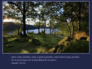 Ama como puedas, ama a quien puedas, ama todo lo que puedas.  No te preocupes de la finalidad de tu amor .  Amado Nervo  