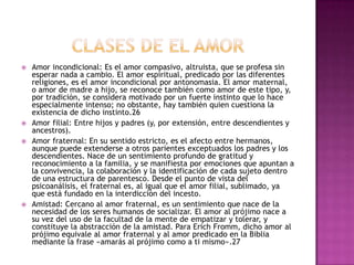    Amor incondicional: Es el amor compasivo, altruista, que se profesa sin
    esperar nada a cambio. El amor espiritual, predicado por las diferentes
    religiones, es el amor incondicional por antonomasia. El amor maternal,
    o amor de madre a hijo, se reconoce también como amor de este tipo, y,
    por tradición, se considera motivado por un fuerte instinto que lo hace
    especialmente intenso; no obstante, hay también quien cuestiona la
    existencia de dicho instinto.26
   Amor filial: Entre hijos y padres (y, por extensión, entre descendientes y
    ancestros).
   Amor fraternal: En su sentido estricto, es el afecto entre hermanos,
    aunque puede extenderse a otros parientes exceptuados los padres y los
    descendientes. Nace de un sentimiento profundo de gratitud y
    reconocimiento a la familia, y se manifiesta por emociones que apuntan a
    la convivencia, la colaboración y la identificación de cada sujeto dentro
    de una estructura de parentesco. Desde el punto de vista del
    psicoanálisis, el fraternal es, al igual que el amor filial, sublimado, ya
    que está fundado en la interdicción del incesto.
   Amistad: Cercano al amor fraternal, es un sentimiento que nace de la
    necesidad de los seres humanos de socializar. El amor al prójimo nace a
    su vez del uso de la facultad de la mente de empatizar y tolerar, y
    constituye la abstracción de la amistad. Para Erich Fromm, dicho amor al
    prójimo equivale al amor fraternal y al amor predicado en la Biblia
    mediante la frase «amarás al prójimo como a ti mismo».27
 