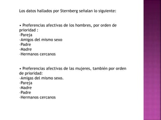 Los datos hallados por Sternberg señalan lo siguiente:
• Preferencias afectivas de los hombres, por orden de
prioridad :
–Pareja
–Amigos del mismo sexo
–Padre
–Madre
–Hermanos cercanos
• Preferencias afectivas de las mujeres, también por orden
de prioridad:
–Amigas del mismo sexo.
–Pareja
–Madre
–Padre
–Hermanos cercanos
 