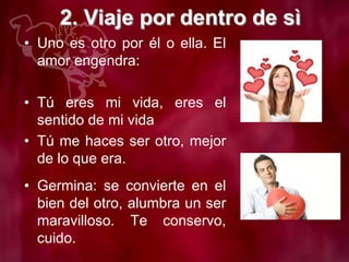 2. Viaje por dentro de sì
• Uno es otro por él o ella. El
amor engendra:
• Tú eres mi vida, eres el
sentido de mi vida
• Tú me haces ser otro, mejor
de lo que era.
• Germina: se convierte en el
bien del otro, alumbra un ser
maravilloso. Te conservo,
cuido.
 