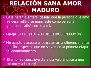 RELACIÓN SANA AMOR
MADURO
 Es la naranja entera, desear que la persona que amo
se desarrolle y se manifieste como persona
y no para satisfacerme a mi.
 Pareja 1+1+1 (TU+YO+OBJETIVOS EN COMÚN)
 Me acepto y acepto al otro : amar la diferencia, amar
aquellos aspectos que no se ven en la primera etapa
del enamoramiento.
 El amor se construye día a día valorándose a uno
mismo y a la pareja.
 
