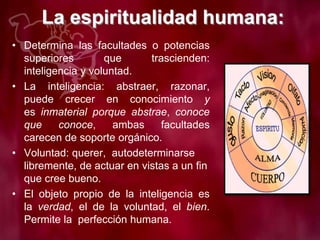 La espiritualidad humana:
• Determina las facultades o potencias
superiores que trascienden:
inteligencia y voluntad.
• La inteligencia: abstraer, razonar,
puede crecer en conocimiento y
es inmaterial porque abstrae, conoce
que conoce, ambas facultades
carecen de soporte orgánico.
• Voluntad: querer, autodeterminarse
libremente, de actuar en vistas a un fin
que cree bueno.
• El objeto propio de la inteligencia es
la verdad, el de la voluntad, el bien.
Permite la perfección humana.
 