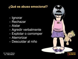 • Ignorar
• Rechazar
• Aislar
• Agredir verbalmente
• Explotar o corromper
• Aterrorizar
• Descuidar al niño
Dr. Gustavo Piñeiro
Cel.: 0982 866342
 