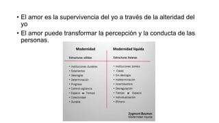 • El amor es la supervivencia del yo a través de la alteridad del
yo
• El amor puede transformar la percepción y la conducta de las
personas.
 