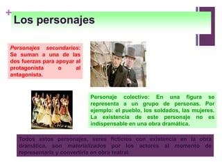 +
Los personajes
Personajes secundarios:
Se suman a una de las
dos fuerzas para apoyar al
protagonista o al
antagonista.
Personaje colectivo: En una figura se
representa a un grupo de personas. Por
ejemplo: el pueblo, los soldados, las mujeres.
La existencia de este personaje no es
indispensable en una obra dramática.
Todos estos personajes, seres ficticios con existencia en la obra
dramática, son materializados por los actores al momento de
representarla y convertirla en obra teatral.
 
