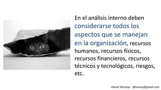 En el análisis interno deben
considerarse todos los
aspectos que se manejan
en la organización, recursos
Daniel Naranjo dfnaranj@gmail.com
en la organización, recursos
humanos, recursos físicos,
recursos financieros, recursos
técnicos y tecnológicos, riesgos,
etc.
 