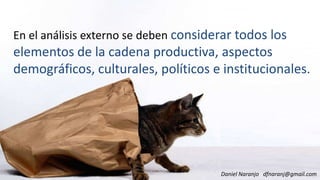 En el análisis externo se deben considerar todos los
elementos de la cadena productiva, aspectos
demográficos, culturales, políticos e institucionales.
Daniel Naranjo dfnaranj@gmail.com
 