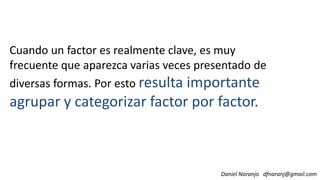 Cuando un factor es realmente clave, es muy
frecuente que aparezca varias veces presentado de
diversas formas. Por esto resulta importante
Daniel Naranjo dfnaranj@gmail.com
resulta importante
agrupar y categorizar factor por factor.
 