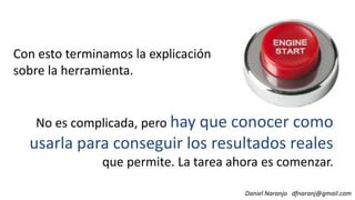 Con esto terminamos la explicación
sobre la herramienta.
Daniel Naranjo dfnaranj@gmail.com
No es complicada, pero hay que conocer como
usarla para conseguir los resultados reales
que permite. La tarea ahora es comenzar.
 