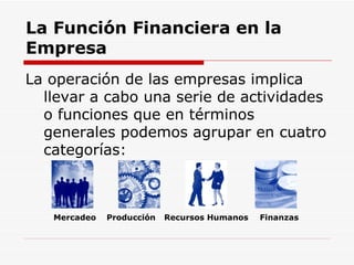 La Función Financiera en la Empresa   La operación de las empresas implica llevar a cabo una serie de actividades o funciones que en términos generales podemos agrupar en cuatro categorías:  Finanzas Recursos Humanos Producción Mercadeo                                                             