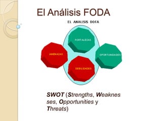 El Análisis FODA

SWOT (Strengths, Weaknes
ses, Opportunities y
Threats)

 