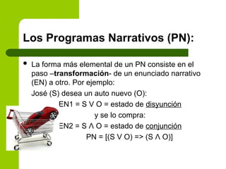 Los Programas Narrativos (PN):
 La forma más elemental de un PN consiste en el
paso –transformación- de un enunciado narrativo
(EN) a otro. Por ejemplo:
José (S) desea un auto nuevo (O):
EN1 = S V O = estado de disyunción
y se lo compra:
EN2 = S Λ O = estado de conjunción
PN = [(S V O) => (S Λ O)]
 