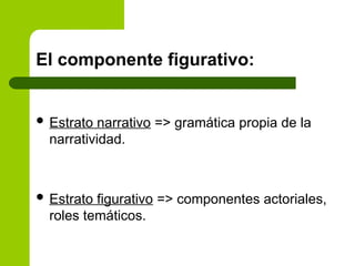 El componente figurativo:
 Estrato narrativo => gramática propia de la
narratividad.
 Estrato figurativo => componentes actoriales,
roles temáticos.
 